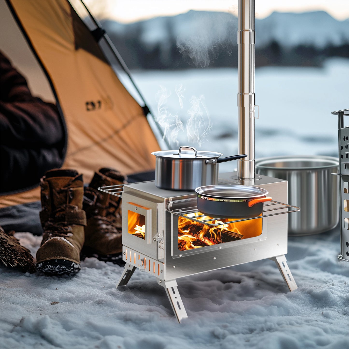 Camping Tent Wood Stove  with 7 Chimney Pipes