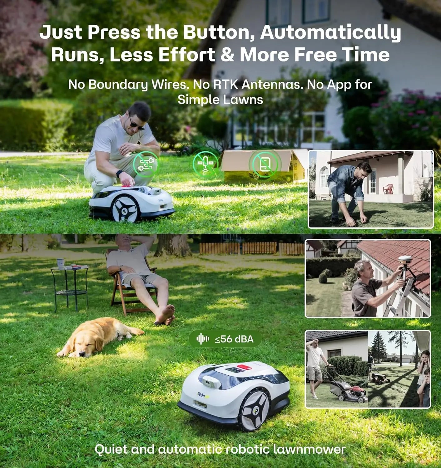 Robot Lawn Mower, Wire-Free for Max. 0.15 Acre Lawn Area, 1.18"–3.15” Cutting Height