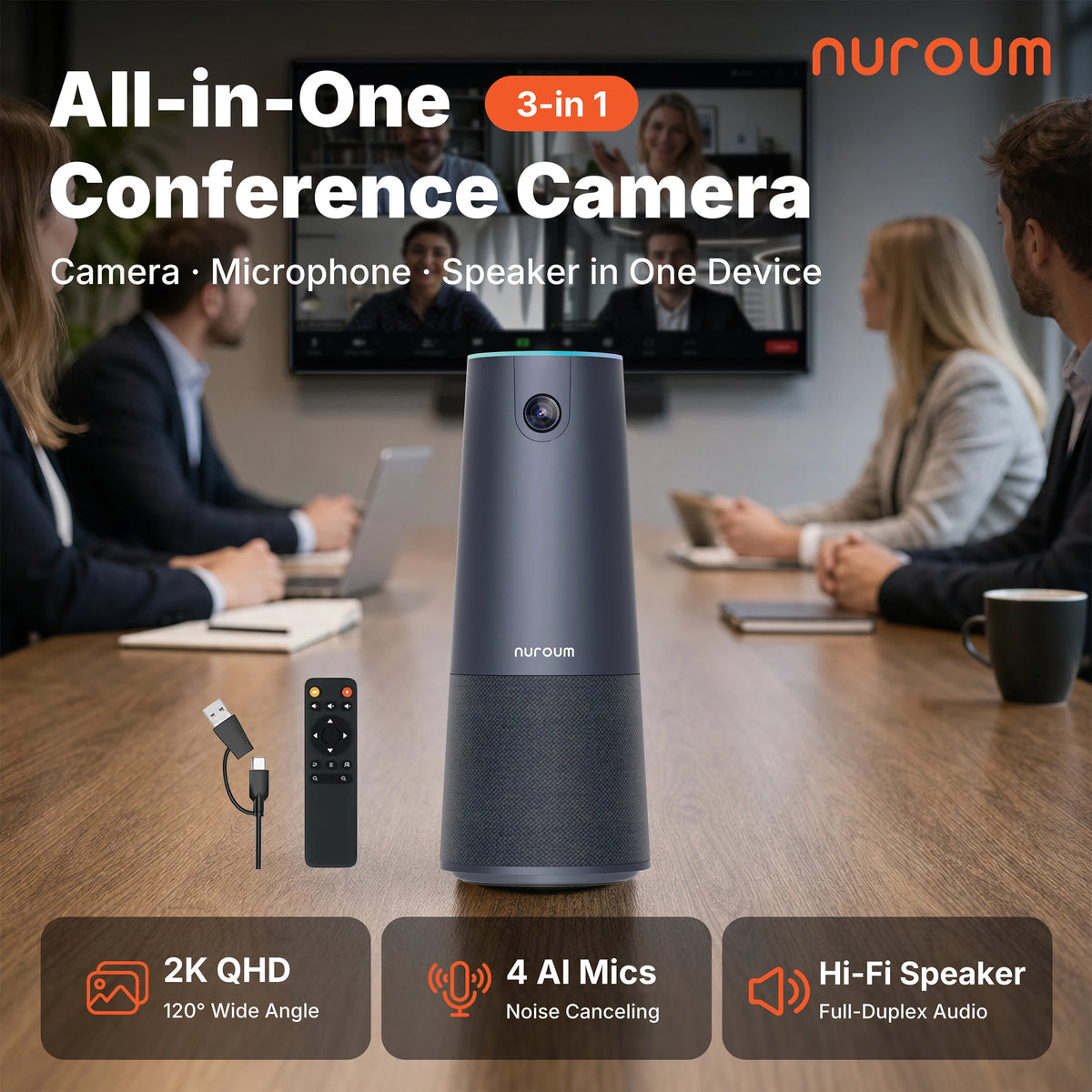 2K Video Conference Webcam with Microphone and Speaker