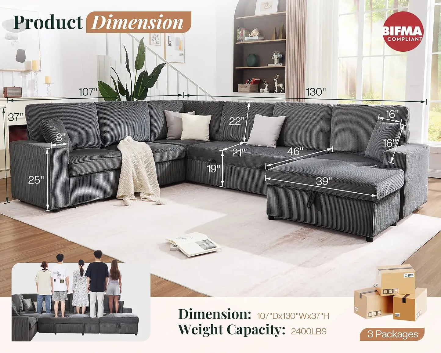 130" Pull Out Sleeper Couch with Storage