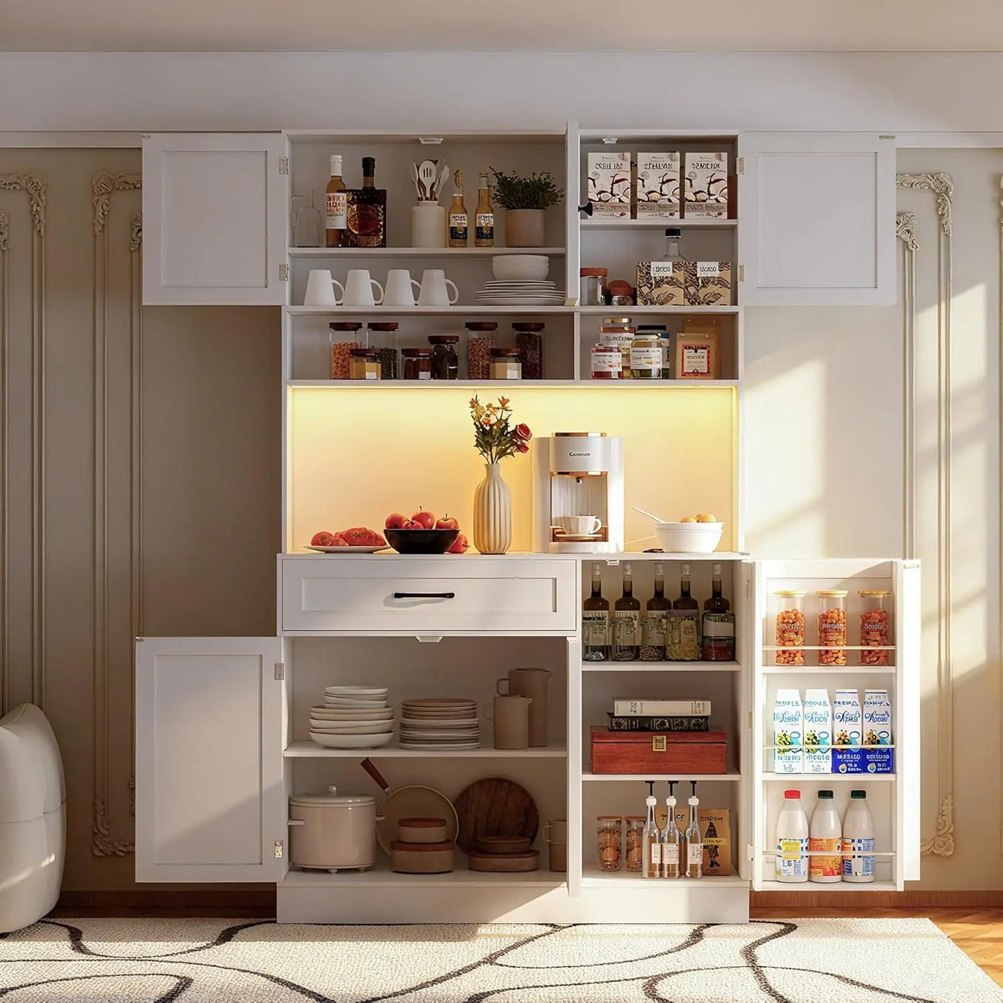 72" Kitchen Pantry Cabinet with LED Light and Charging Station