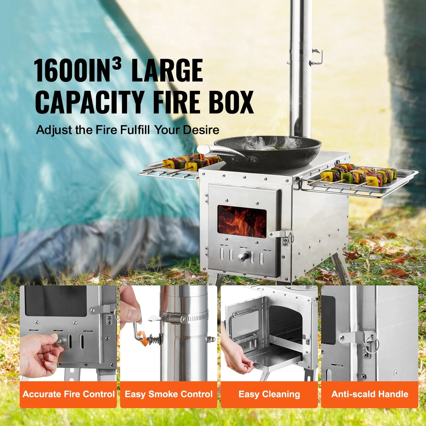 86in Stainless Steel Camping Tent Stove  Wood Burning