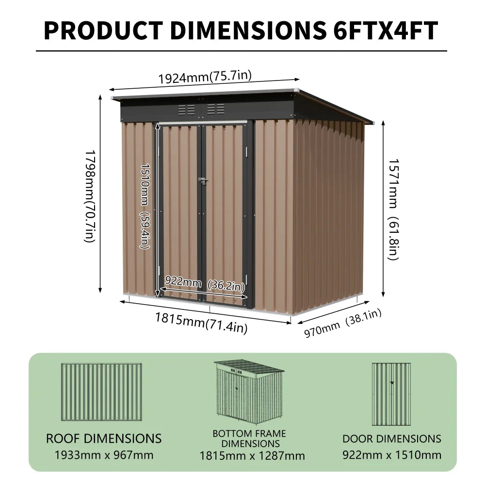 6x4 FT Brown Metal Garden Storage Shed