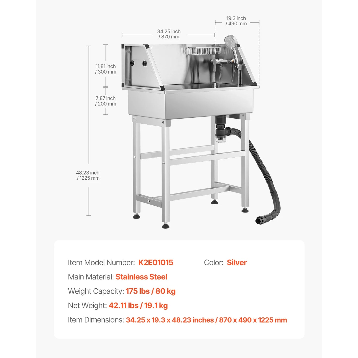 34In Stainless Steel Dog Washing Station