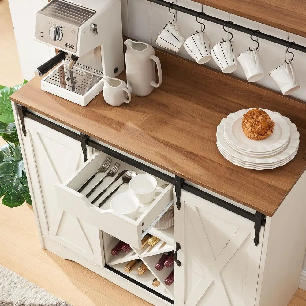 Farmhouse Coffee Bar Cabinet with Charging Station and USB Ports