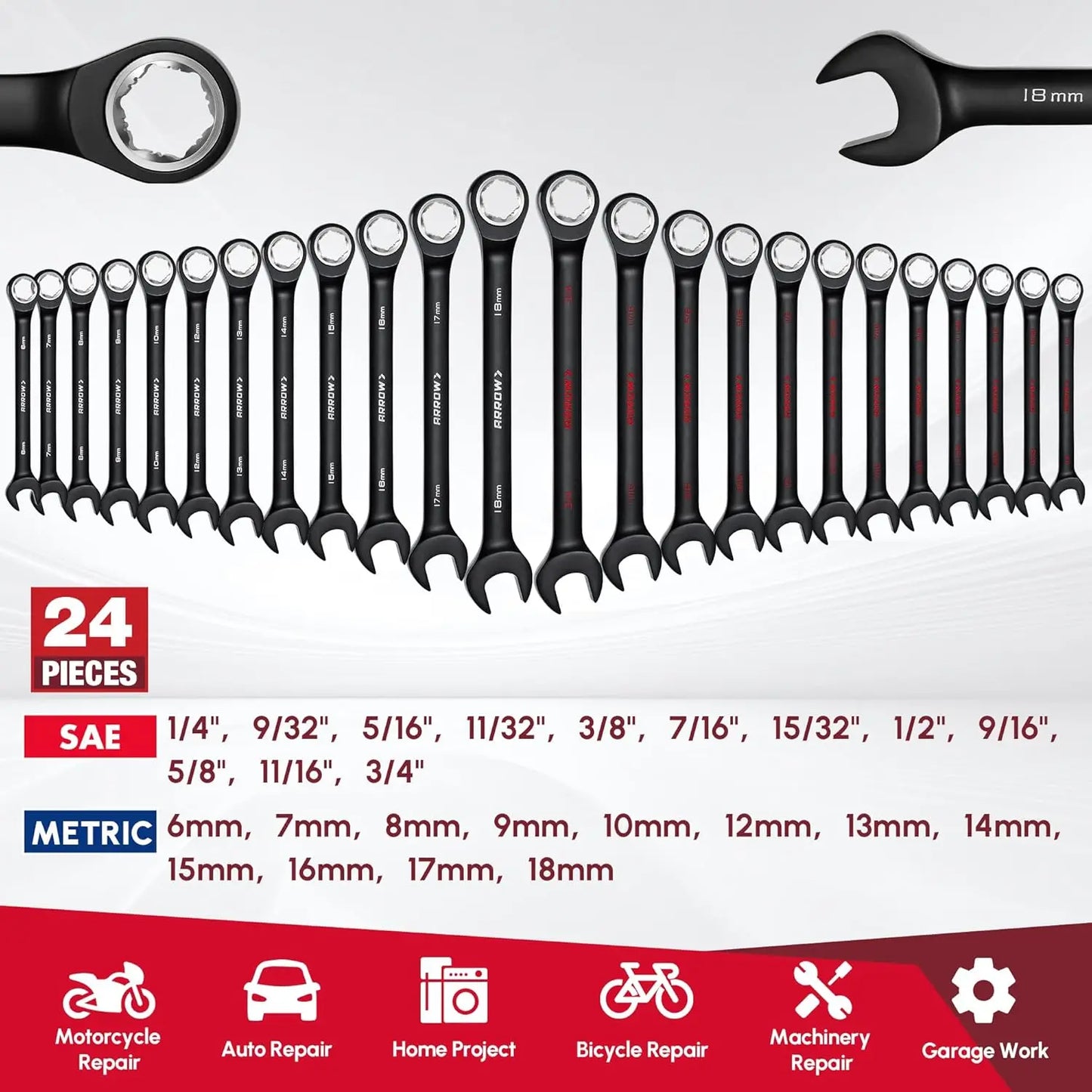 24PCS Ratcheting Wrench Set Metric & SAE