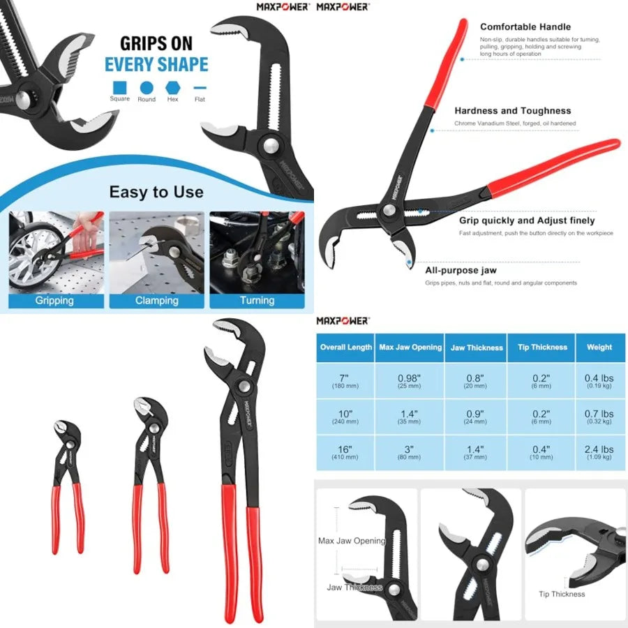 3-Piece Water Pump Pliers Set 7" 10" 16"