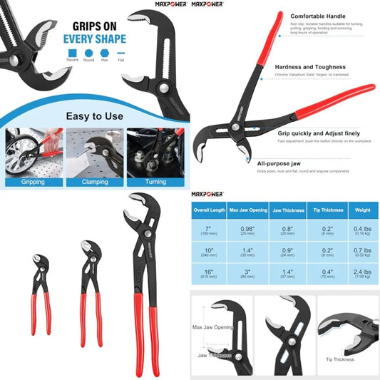 3-Piece Water Pump Pliers Set 7" 10" 16"