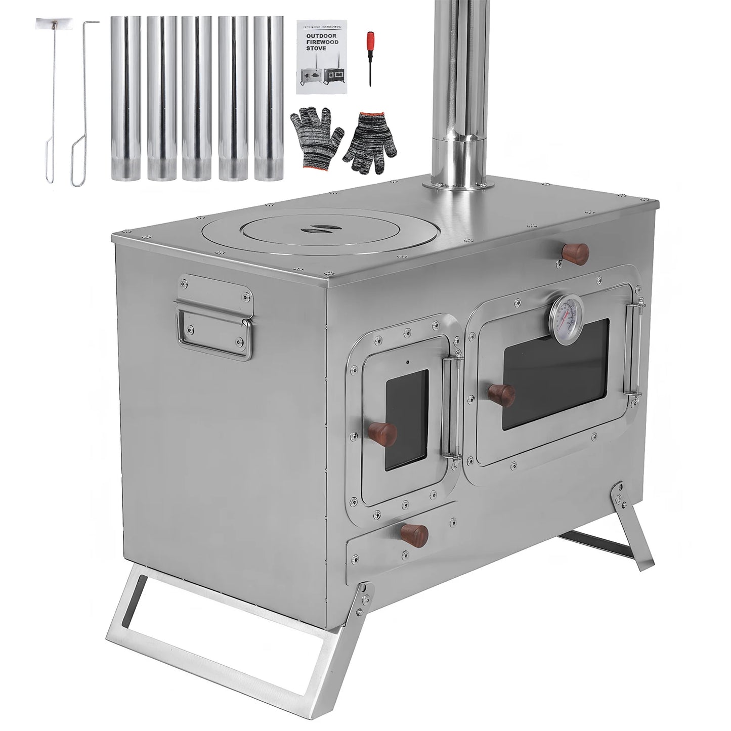 Wood Burning Tent Stove with 4 Chimney Pipe