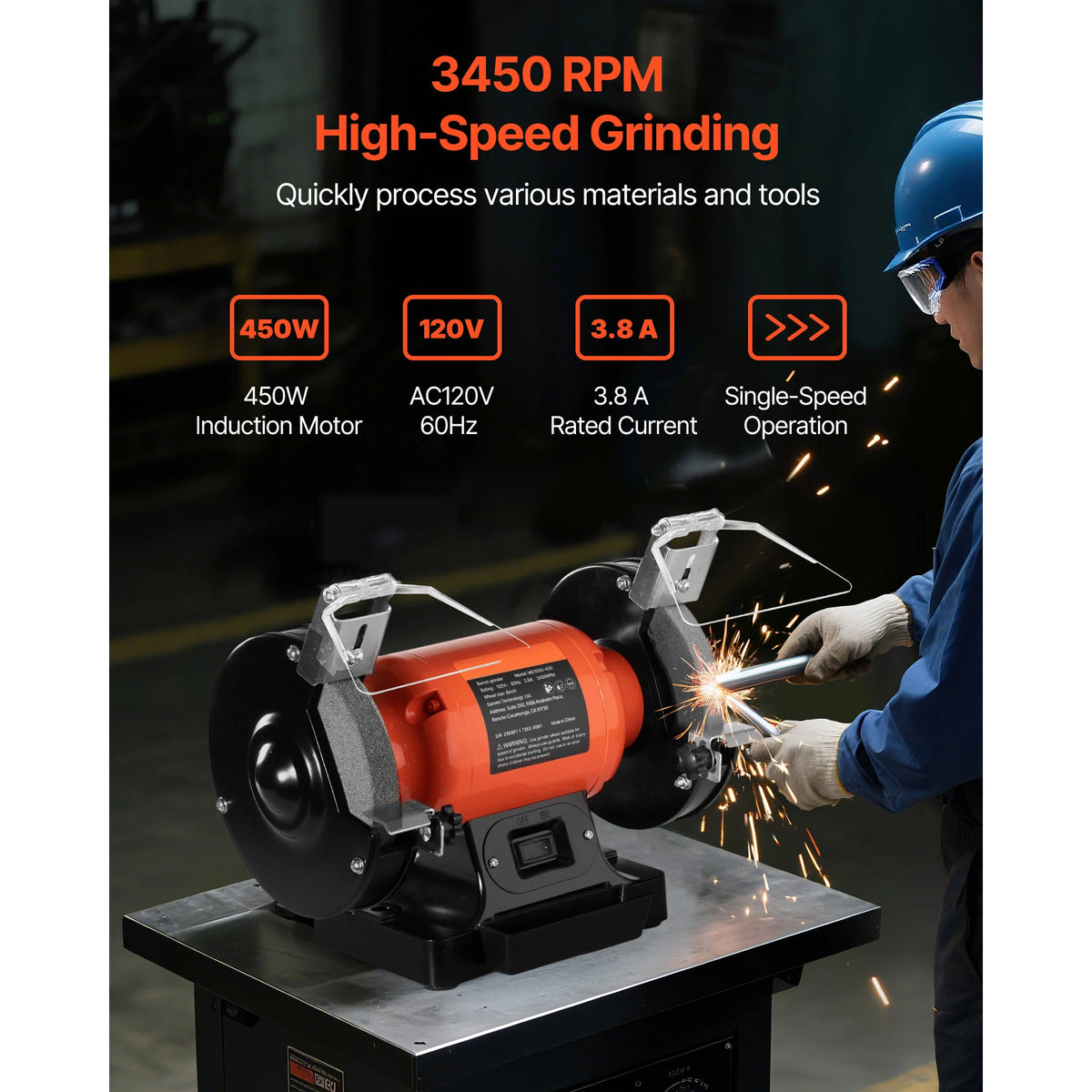 Bench Grinder 6inch Single Speed Bench Grinder High-Speed Table Grinders with Induction Motor 36/60-Grit Grinding Wheel