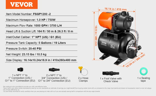 1 HP Shallow Well Pump with Pressure Tank 1000 GPH