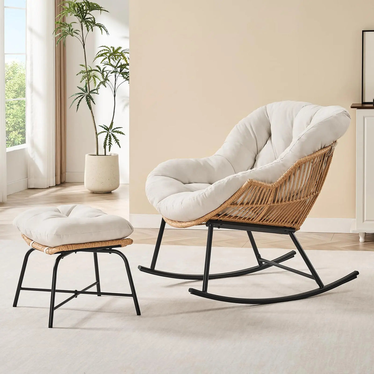 Rattan Papasan Rocking Chair with Ottoman