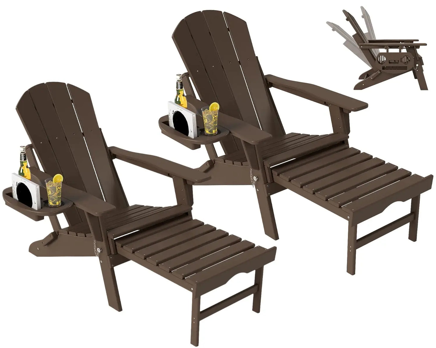 Set of 2 Folding Adirondack Chair with Retractable Ottoman