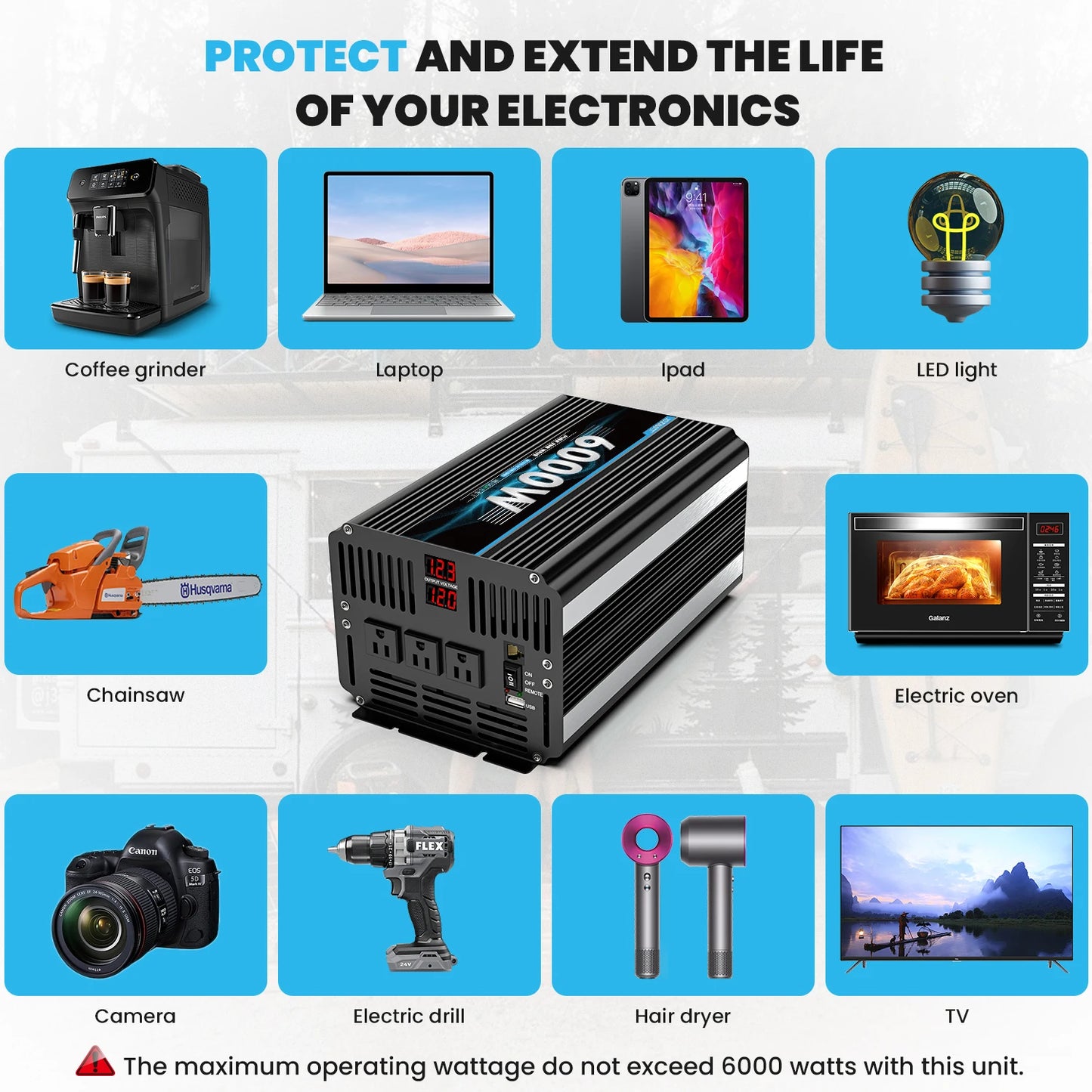 6000W Power Inverter DC 12V  to AC 110V 120V
