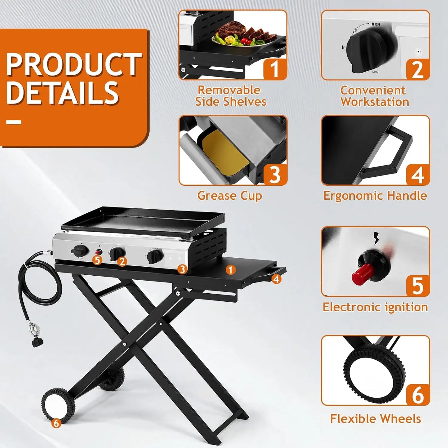 3 Burner Foldable Propane Griddle with Wheels