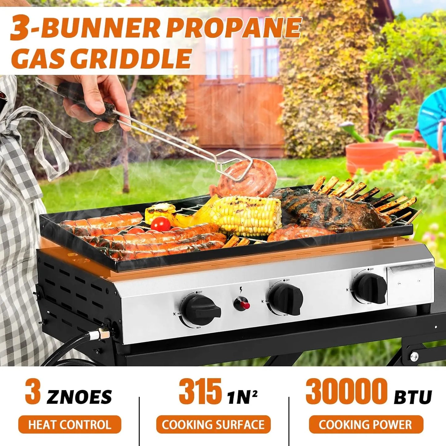 3 Burner Foldable Propane Griddle with Wheels