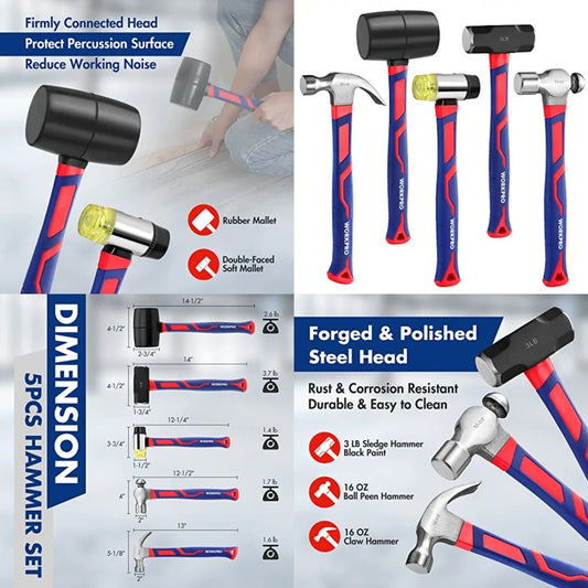 5-Piece Hammer, Fiberglass Handle Set