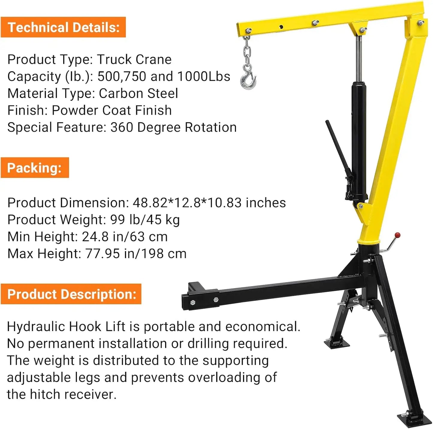 Hydraulic Pickup Truck Crane, 1000 lbs Capacity