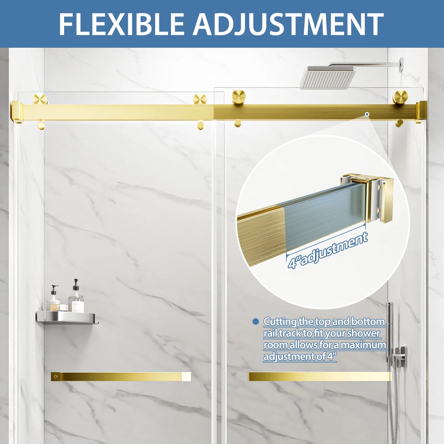 50-54"W × 76"H Gold Frameless Double Sliding Shower Door