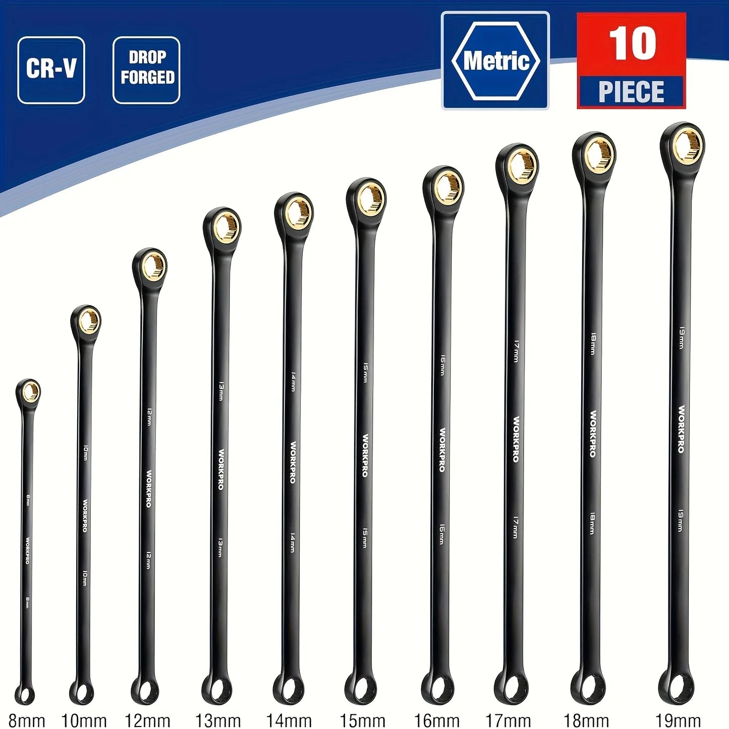Extra Long Ratcheting Wrench Set, 10pcs Metric