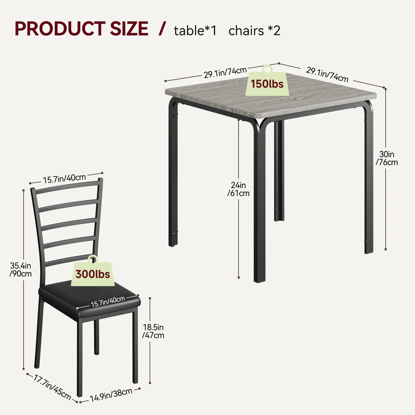 3-Piece Modern Square Dining Table Set for 2