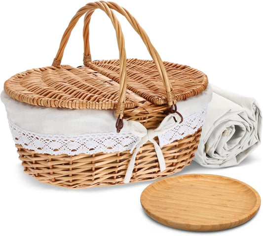 Wicker Picnic Basket Set with Blanket & Bamboo Plates