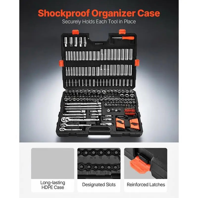 225 Pieces, 3/8 & 1/4 & 1/2 inch Drive Socket and Ratchet Set, SAE and Metric