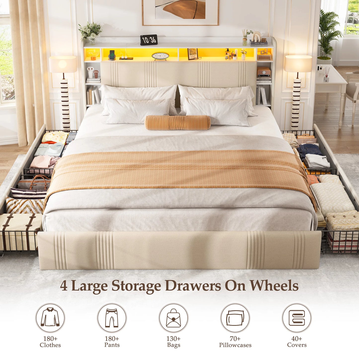 Full Size Bed Frame with 4 Storage Drawers
