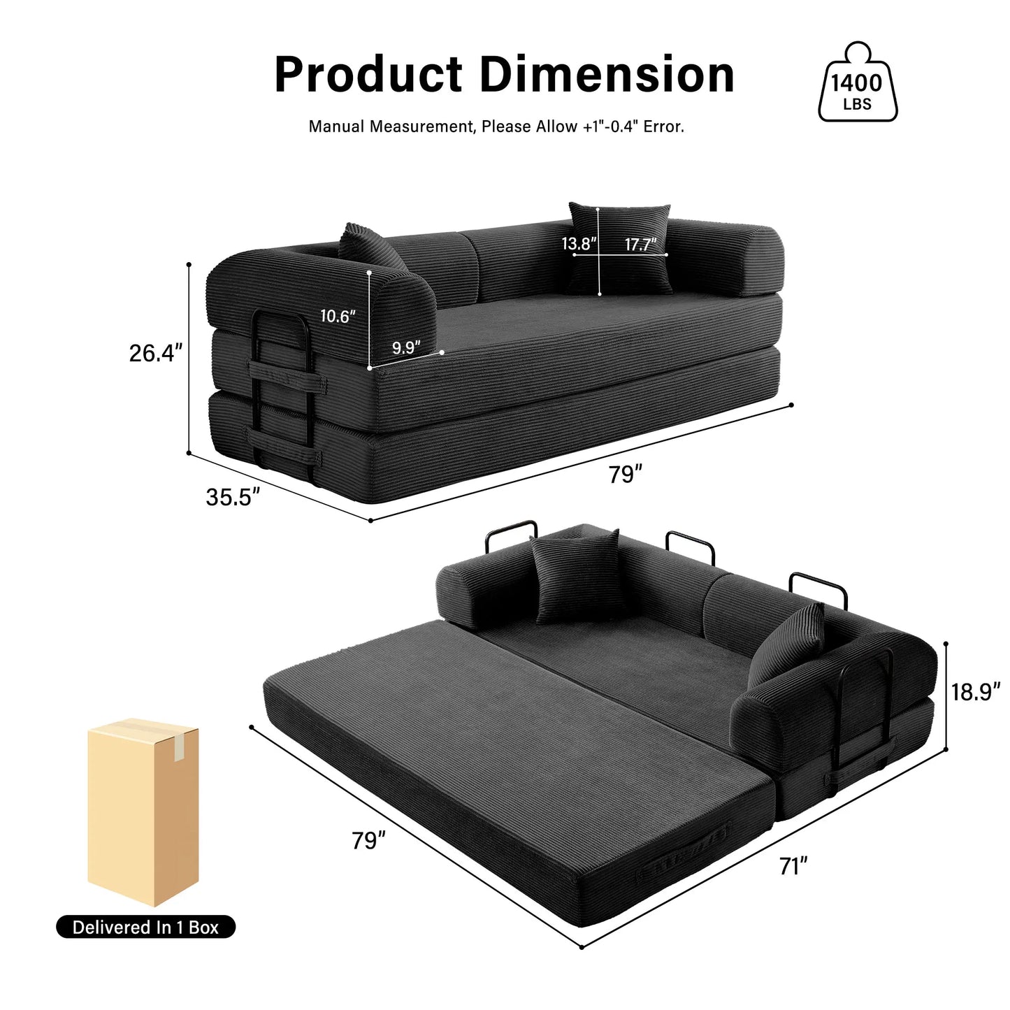 79'' Convertible Futon Sleeper Sofa Bed