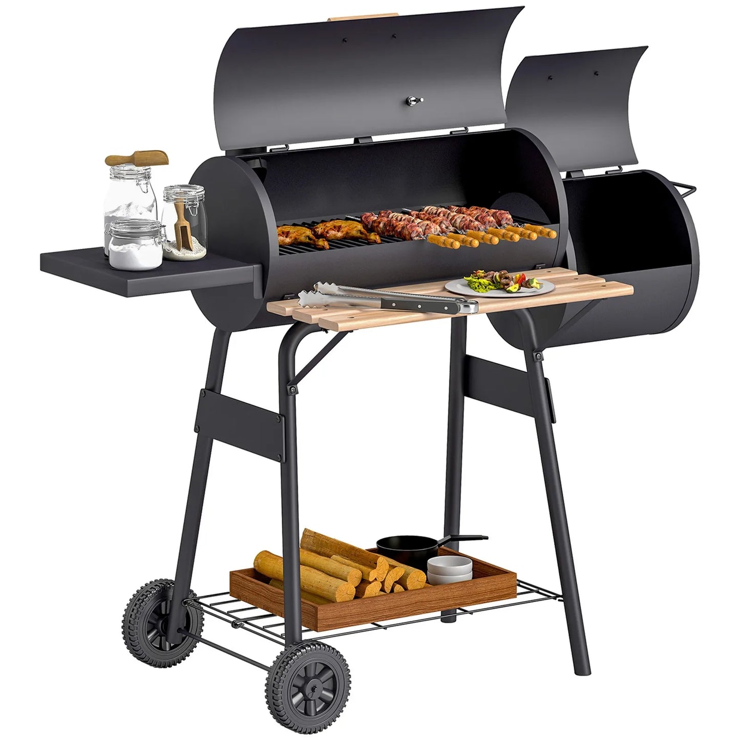 Charcoal BBQ Grill and Offset Smoker Combo