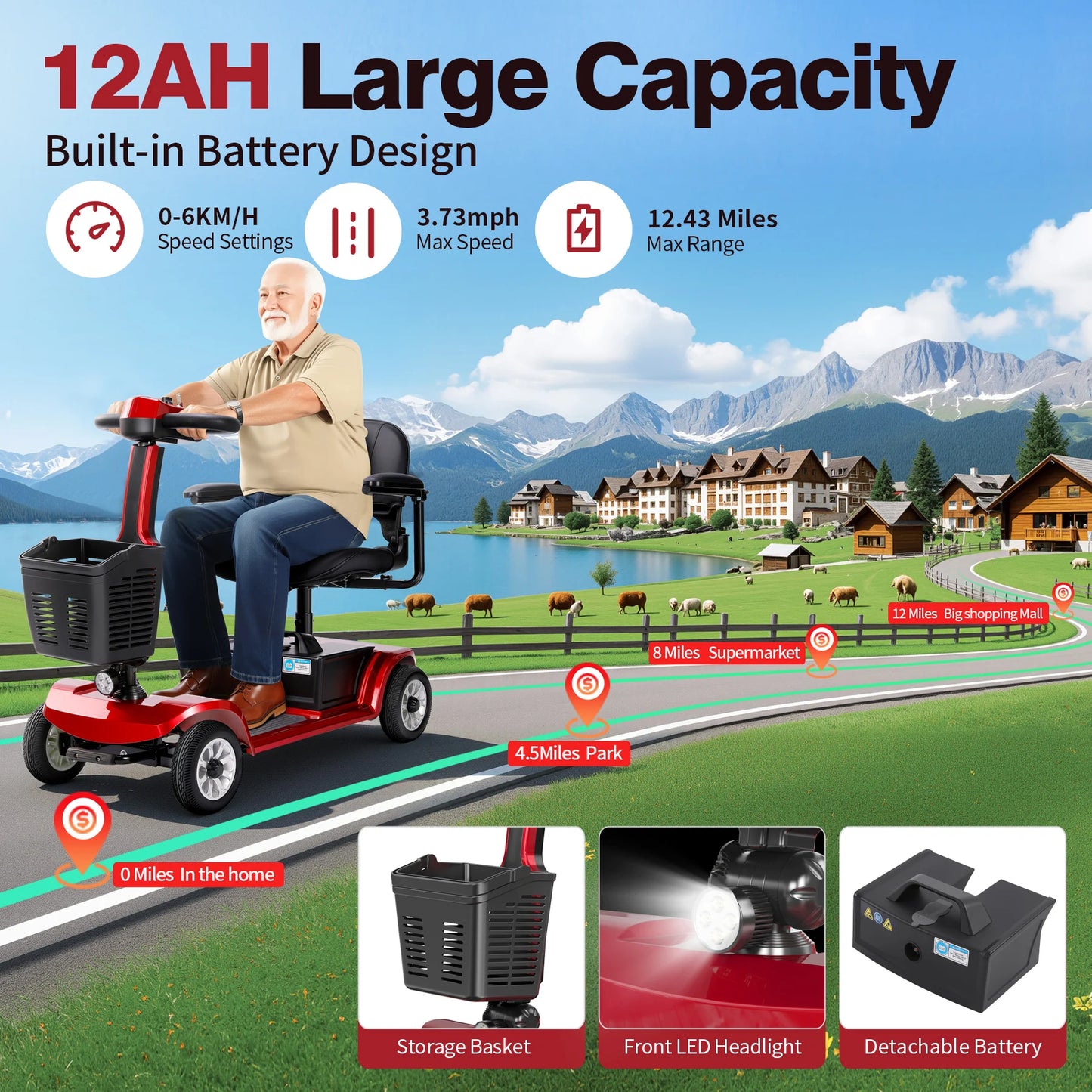 Red 12Ah Foldable 4 Wheel Mobility Scooter