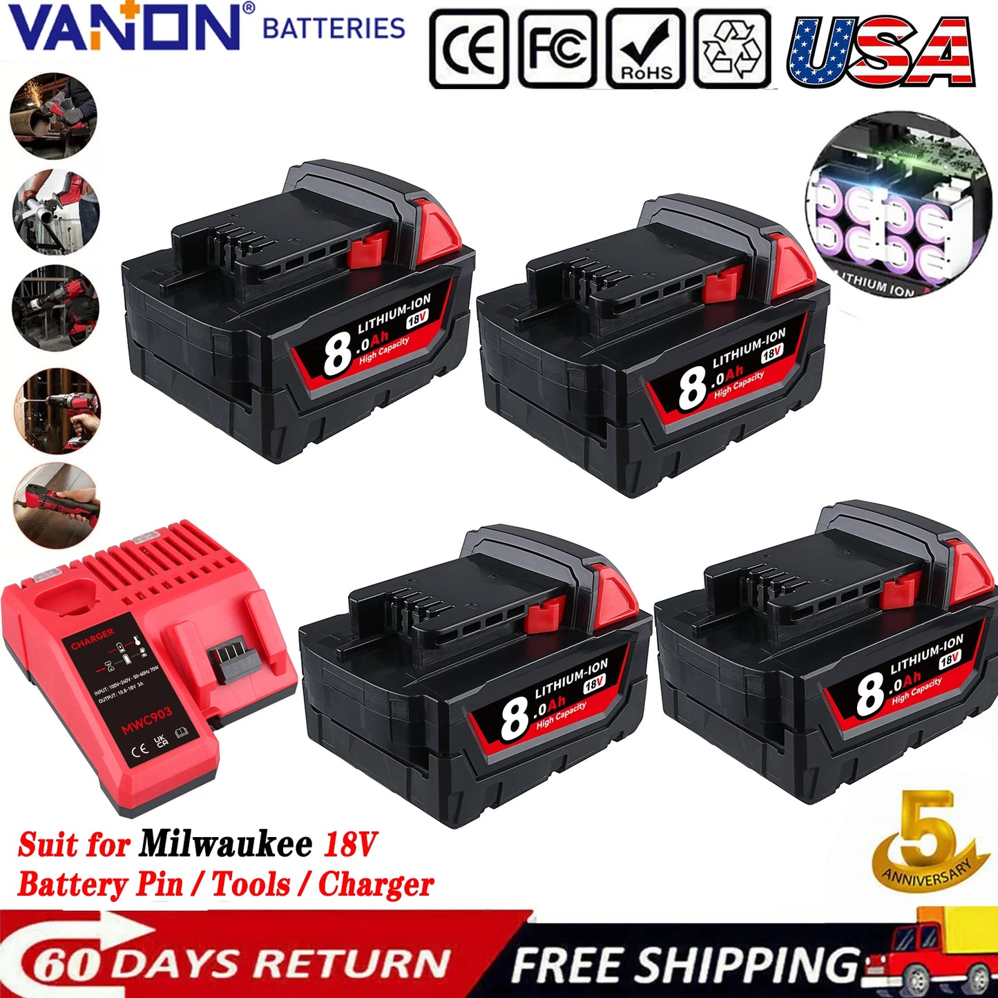 M18 Li-on Battery and Charger Replace for Milwaukee