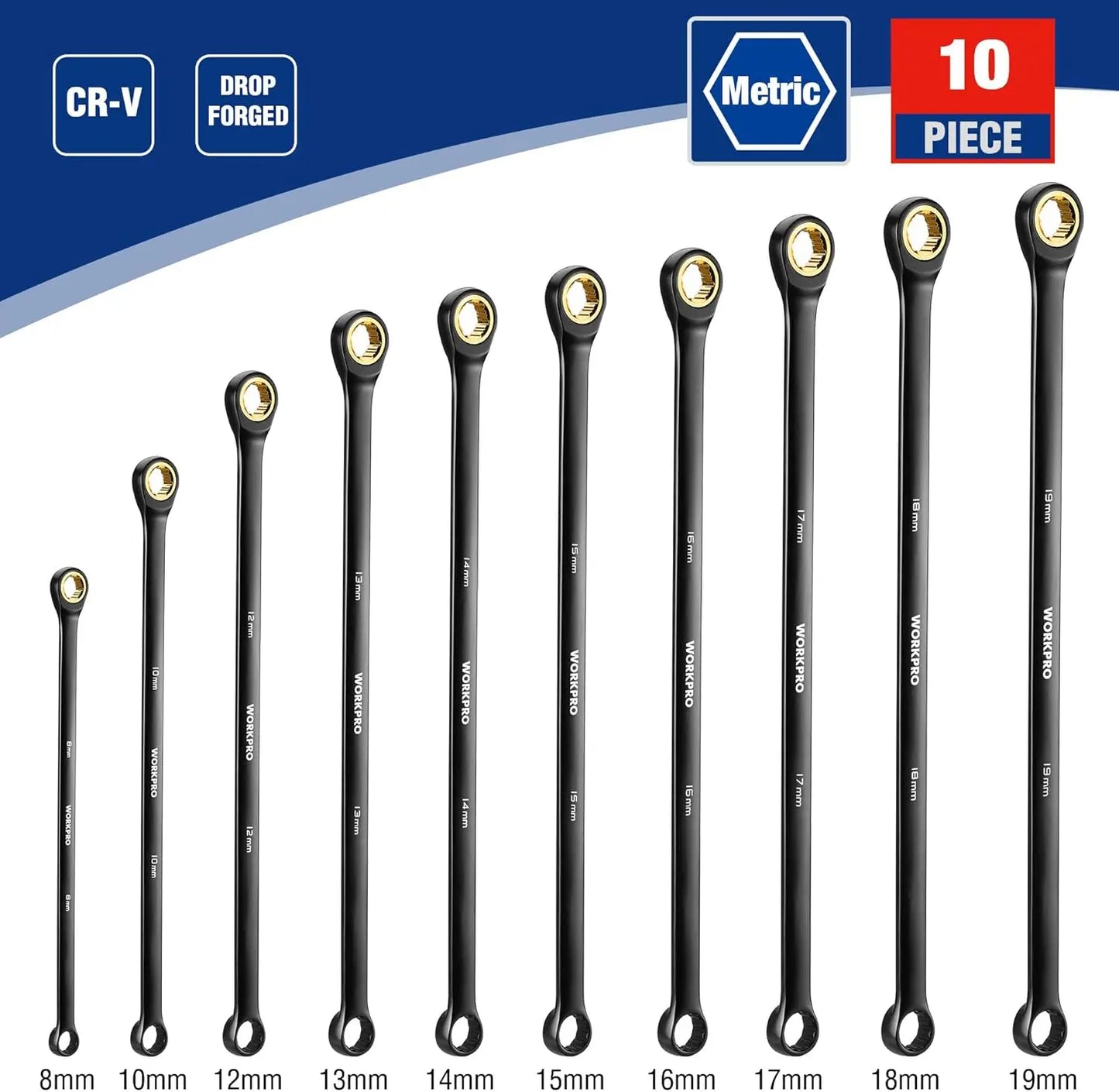Extra Long Ratcheting Wrench Set, 10-Piece Metric