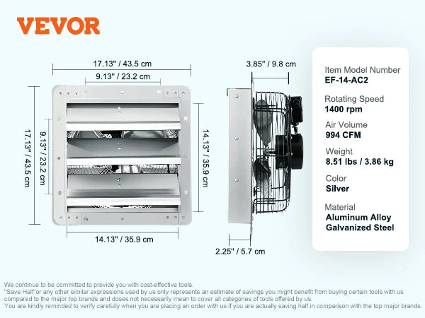 Wall Mount Attic Shutter Exhaust Fan AC