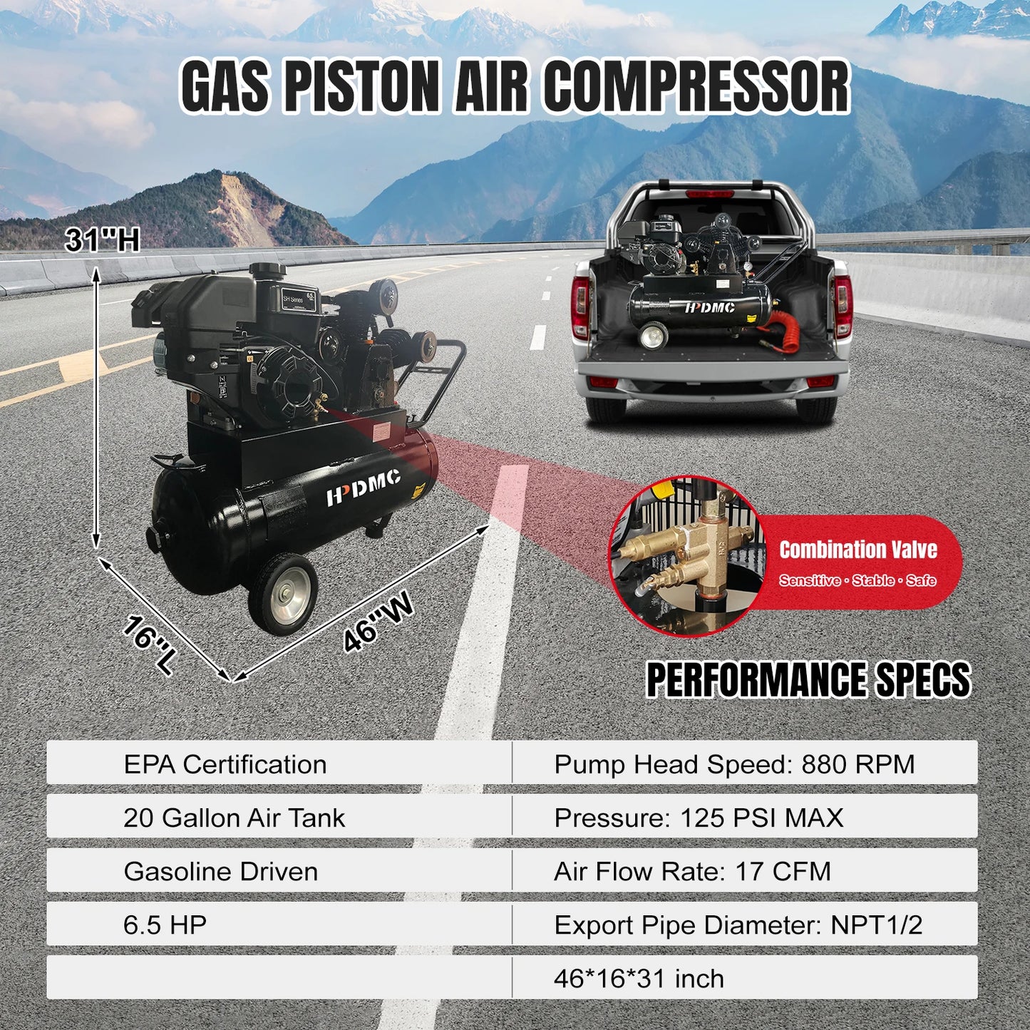 Portable  Air Compressor  20 Gallon Tank Gas powered
