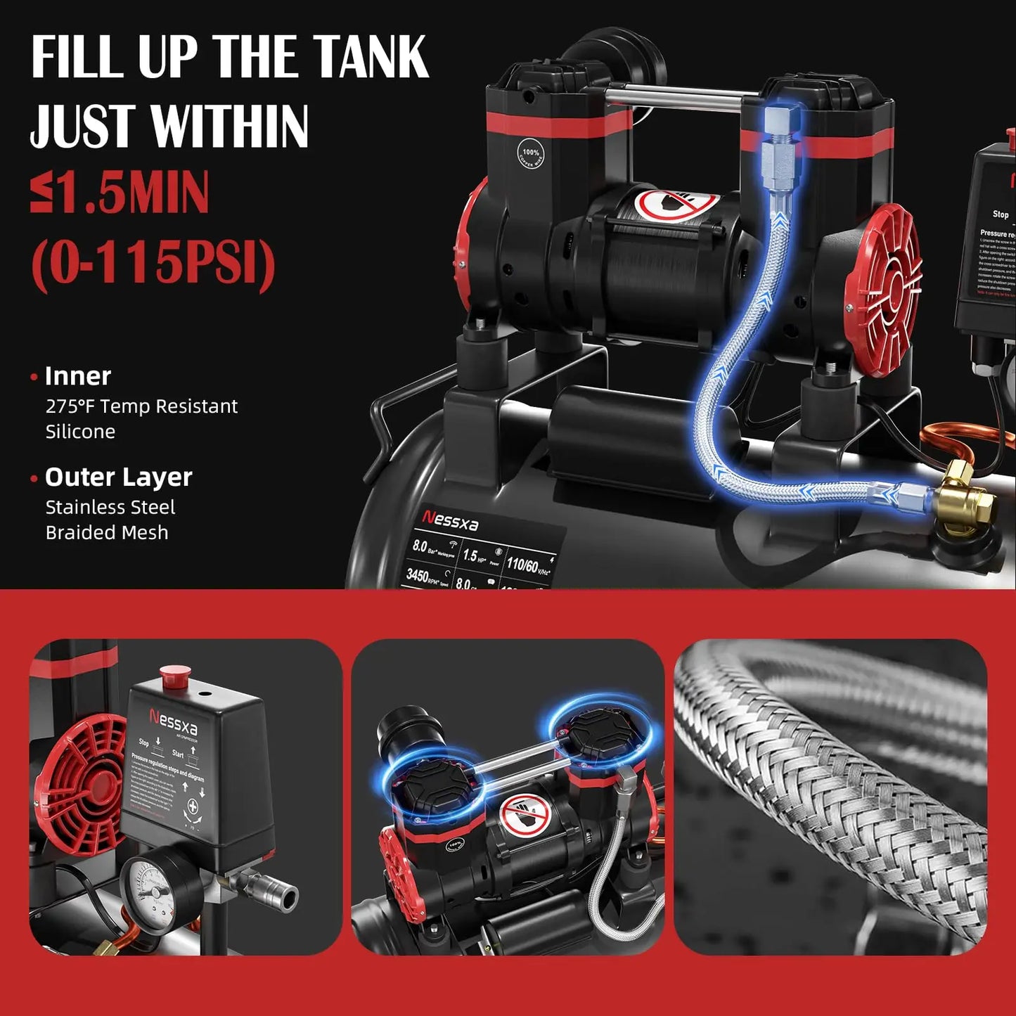 8 Gallon Air Compressor, 1.5HP , 110V/60hz