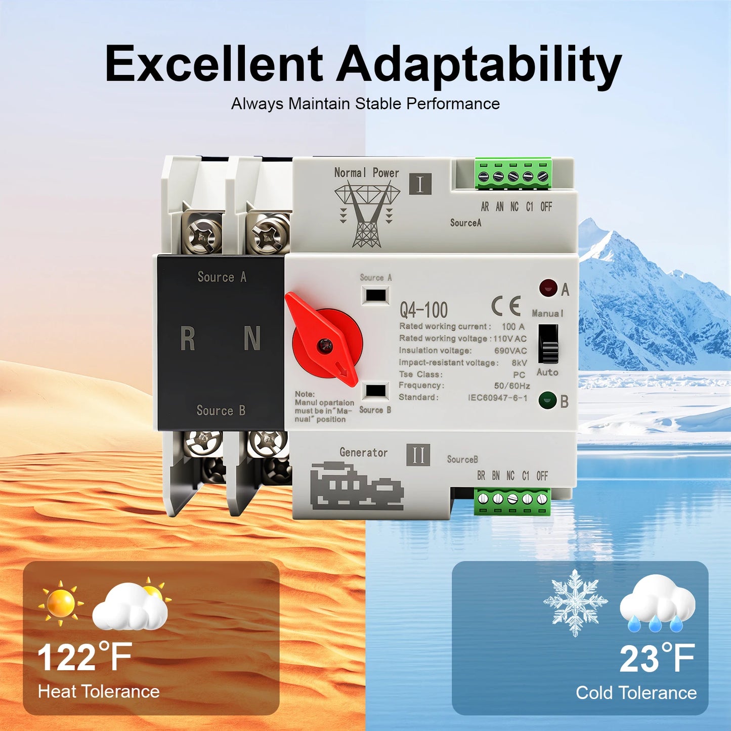 2P 100 Amp Dual Power Automatic Transfer Switch