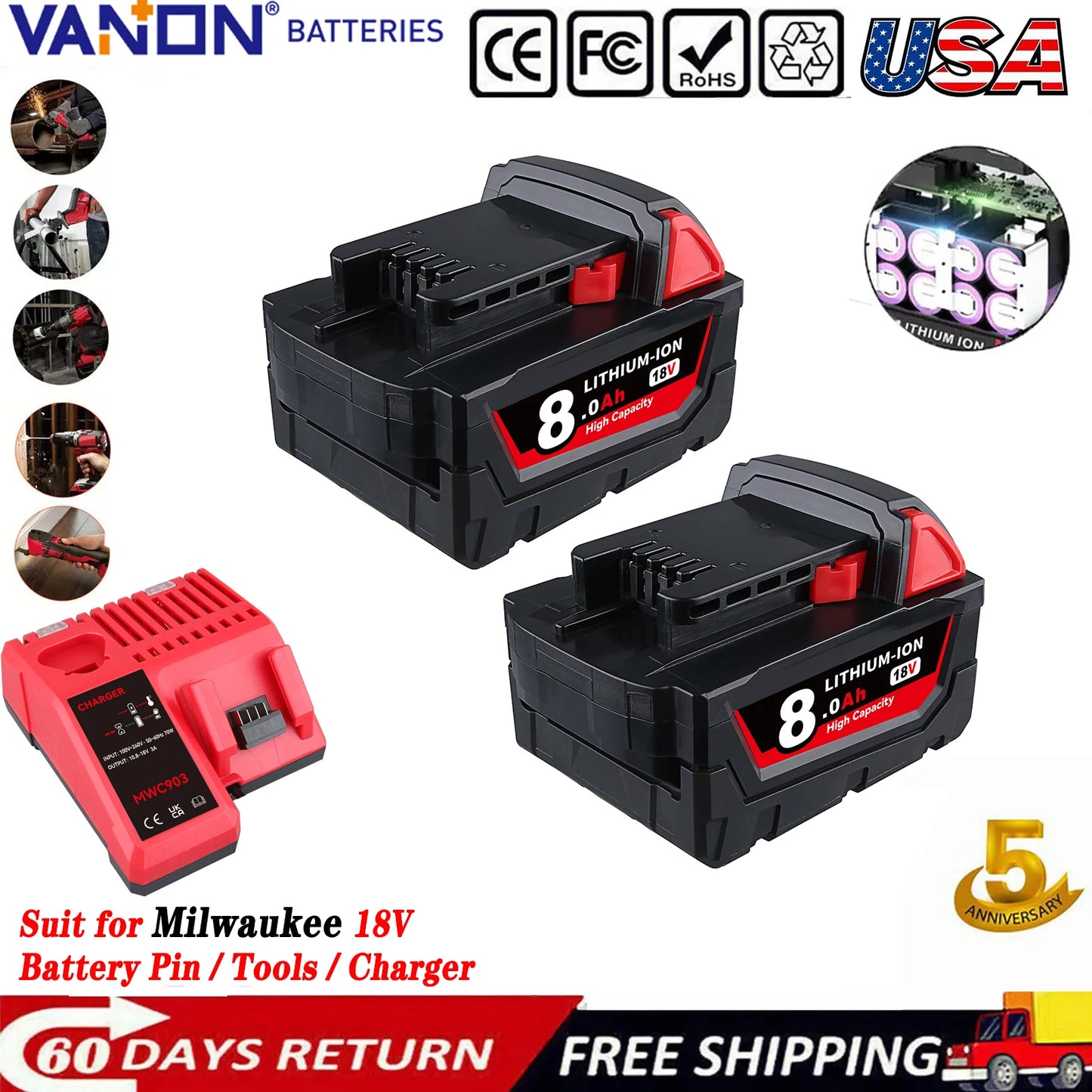 M18 Li-on Battery and Charger Replace for Milwaukee