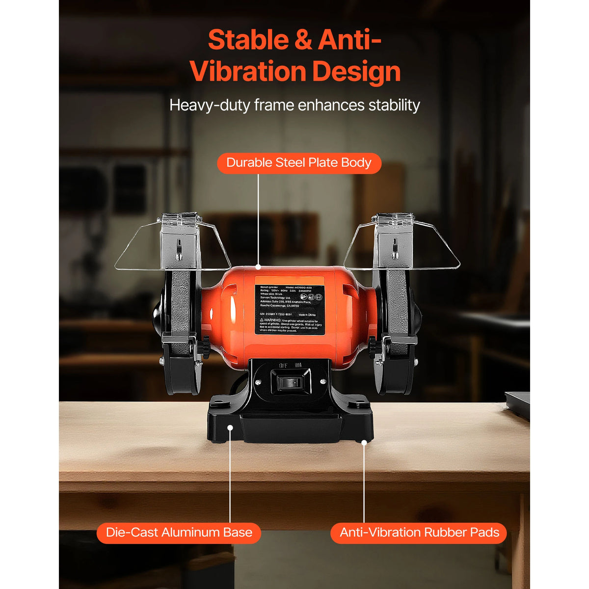 Bench Grinder 6inch Single Speed Bench Grinder High-Speed Table Grinders with Induction Motor 36/60-Grit Grinding Wheel
