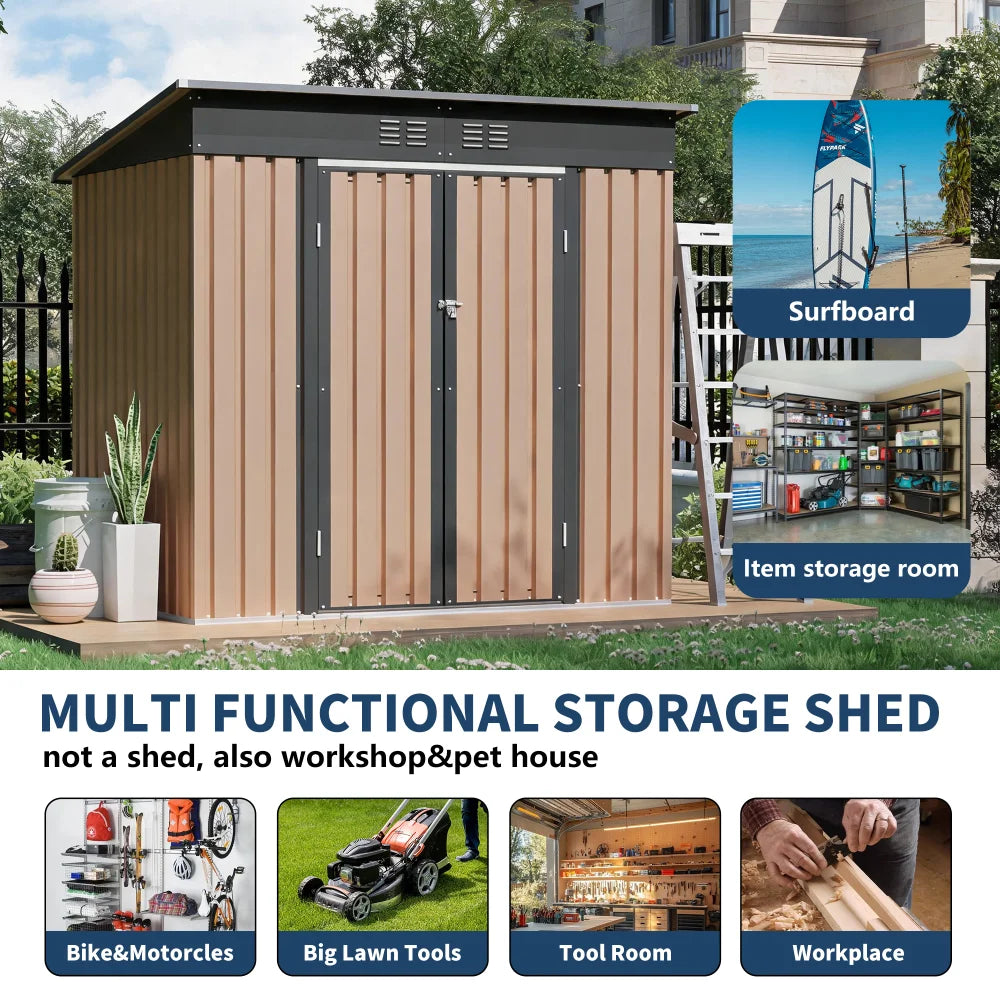 6x4 FT Brown Metal Garden Storage Shed