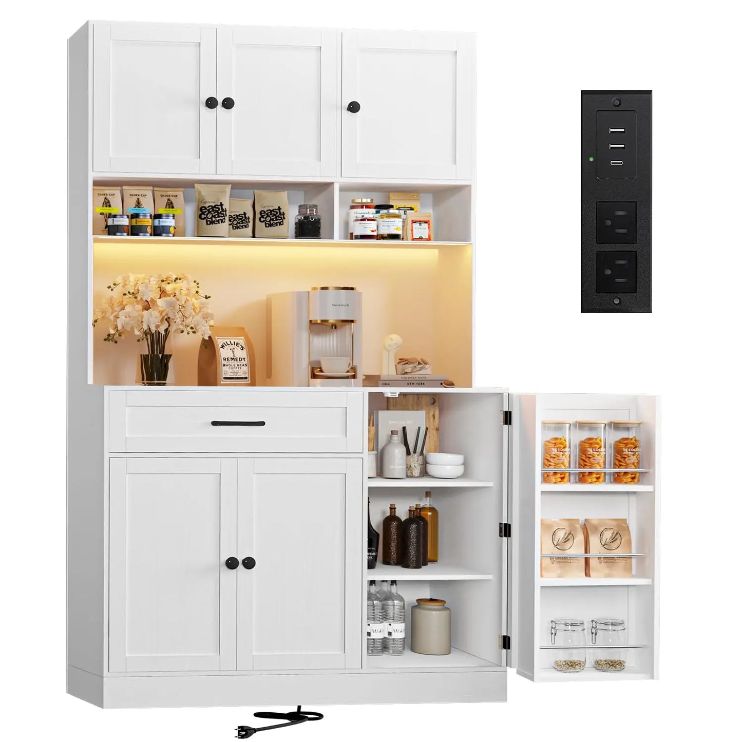 72" Kitchen Pantry Cabinet with LED Light and Charging Station