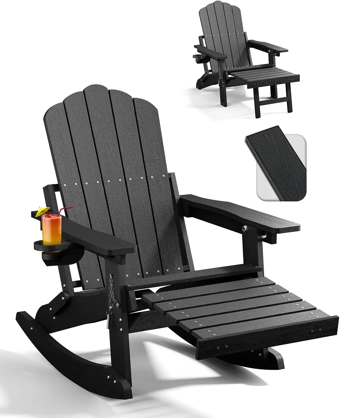 Adirondack Rocking Chairs with Retractable Ottoman & Cup Holders