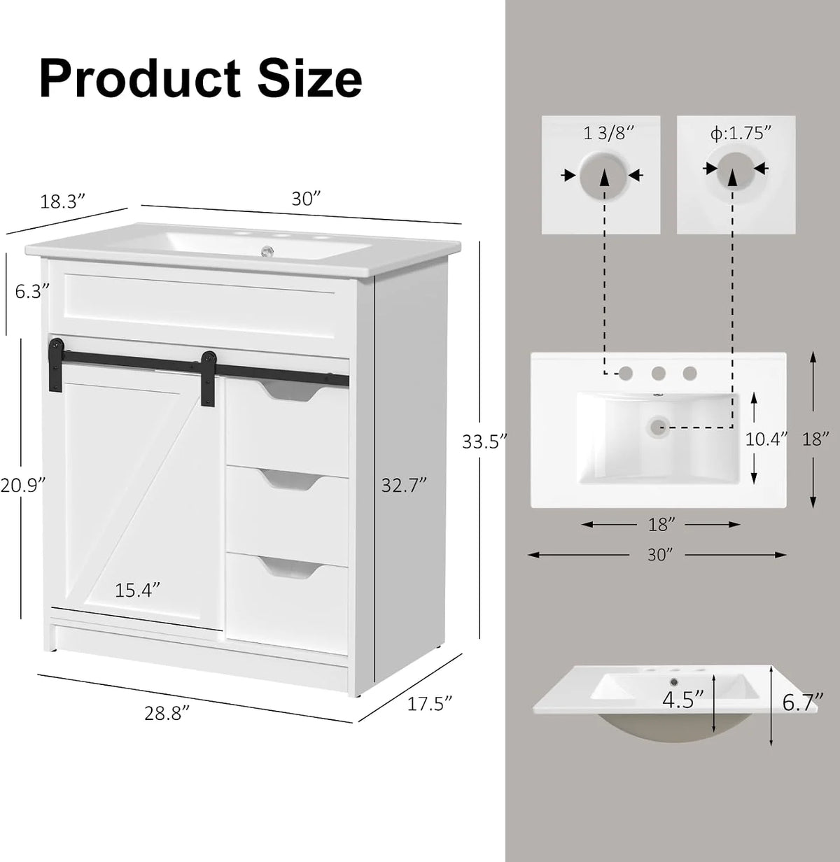 30" Farmhouse Bathroom Vanity with Sink