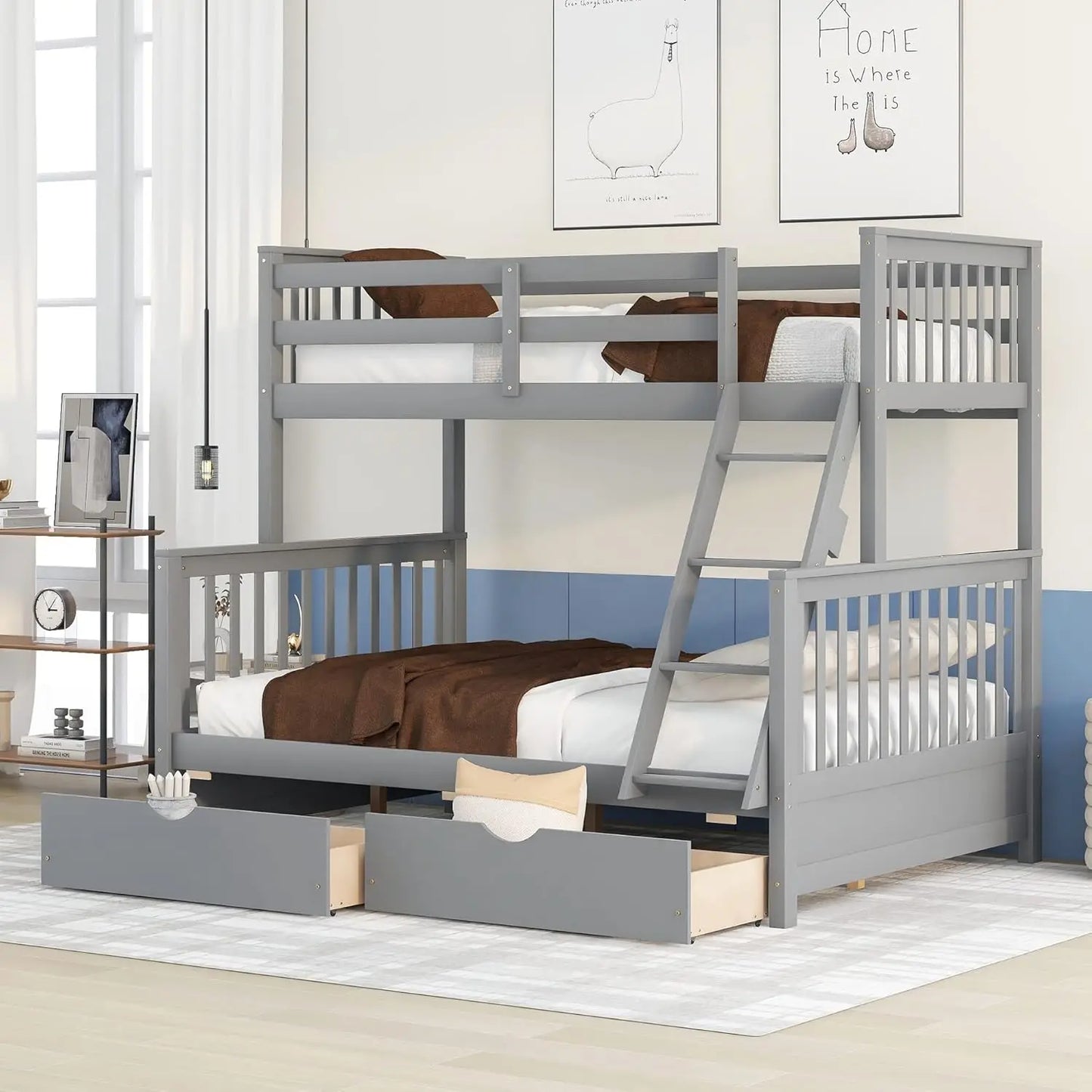 Twin Over Full Bunk Bed with Drawers and Ladder