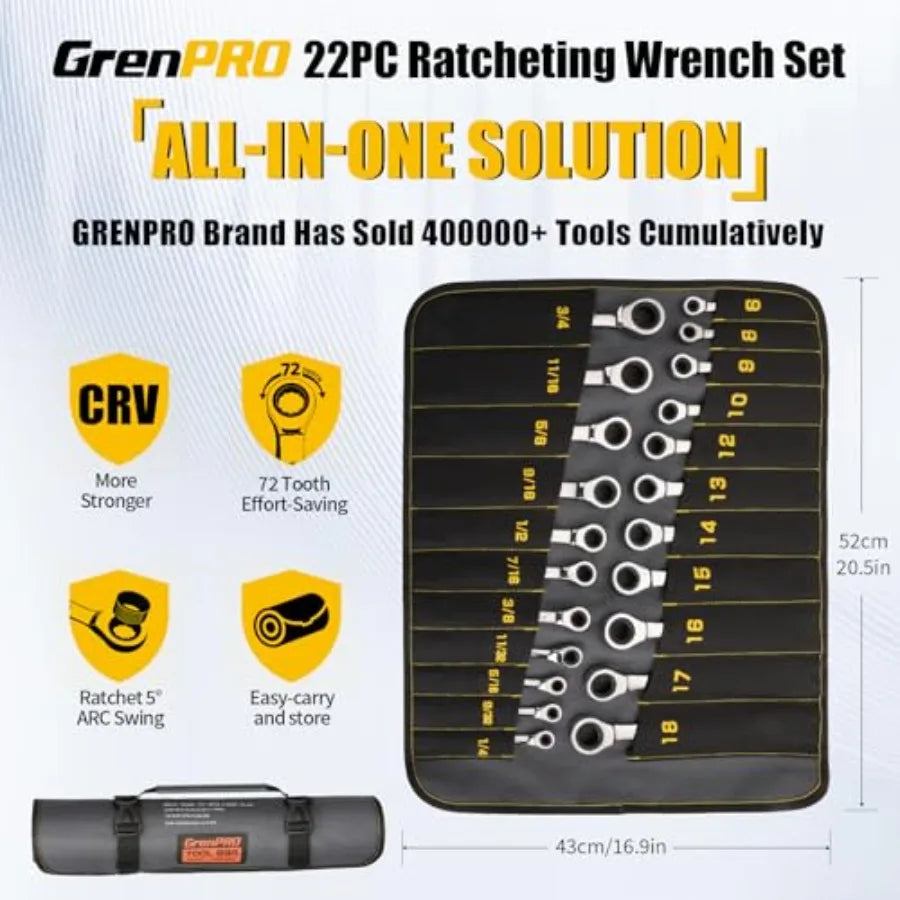 Ratcheting Wrench  Set, 22-Piece SAE Metric and Standard