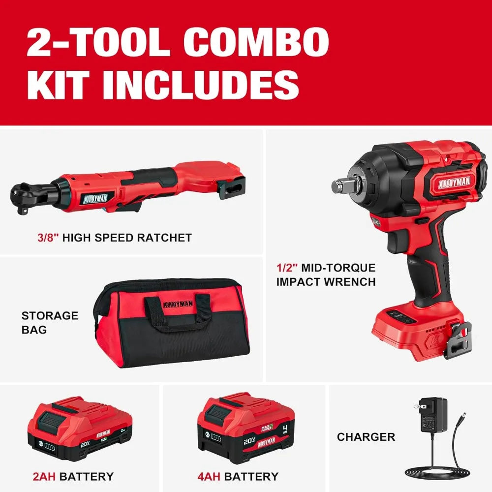 20V Cordless Ratchet Wrench 44 ft-lbs & Impact Wrench 516 ft-lbs