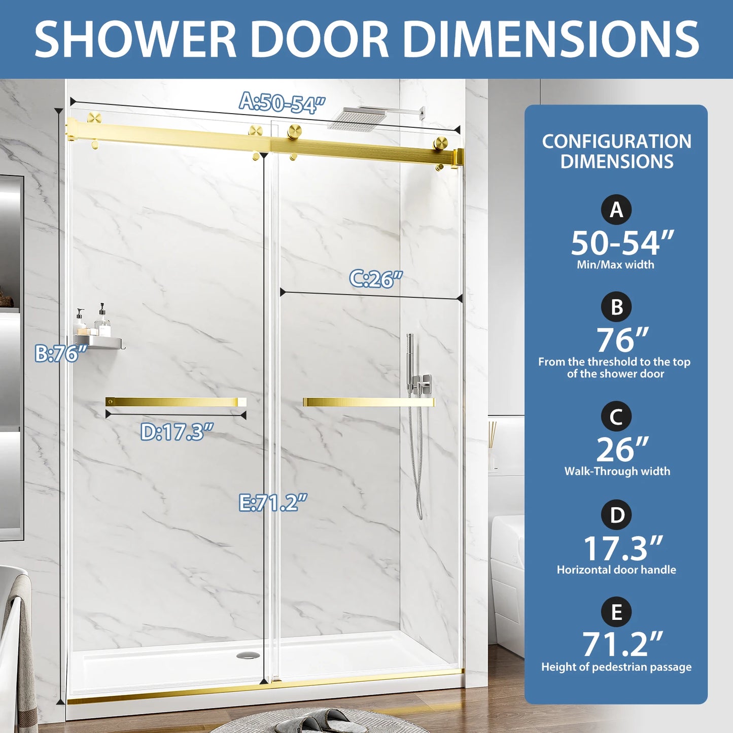 50-54"W × 76"H Gold Frameless Double Sliding Shower Door