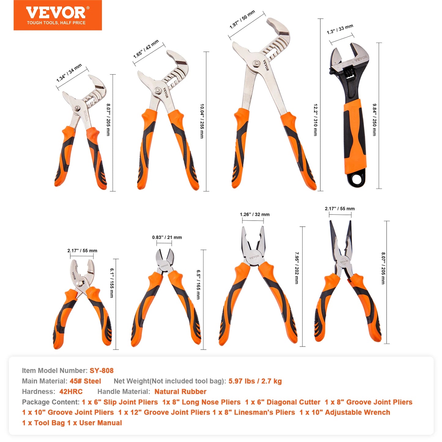 8-Piece Pliers Set 8" Linesman's Pliers 6" Slip Joint Pliers Long Nose Pliers 6" Diagonal Cutter 10" Adjustable Wrench