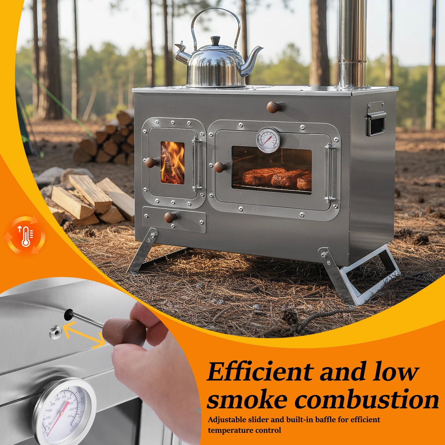 Wood Burning Tent Stove with 4 Chimney Pipe