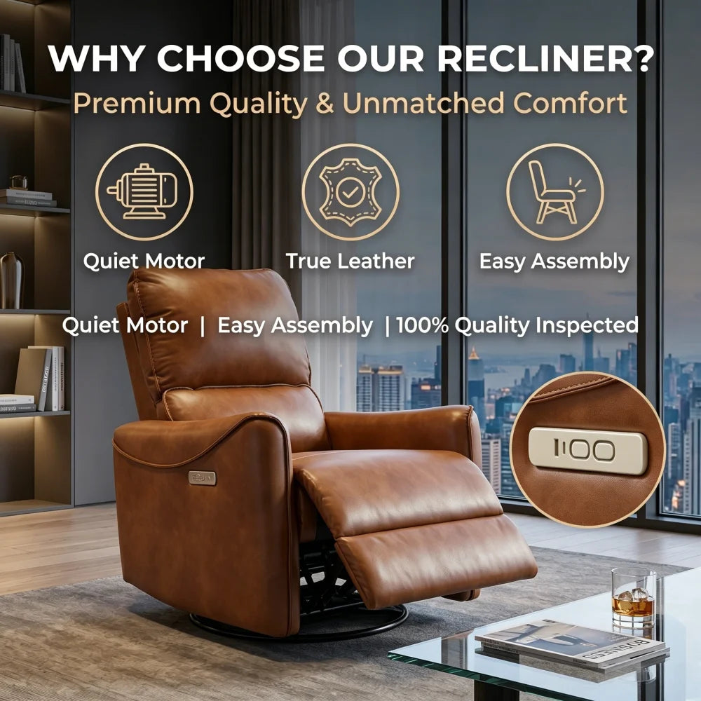 Brown Air Leather Power Recliner Chair with Rocker & 360° Swivel Function